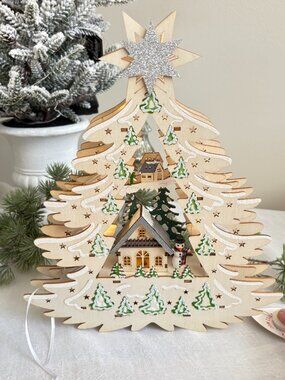 Martha Stewart Laser Cut Wood Christmas Tree Village Scene LED Snowman New 11.5"
